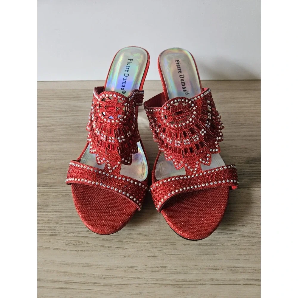 Pierre Dumas Eva Red Beaded Rhinestone Heeled Mules Sandals Formal Prom Pageant